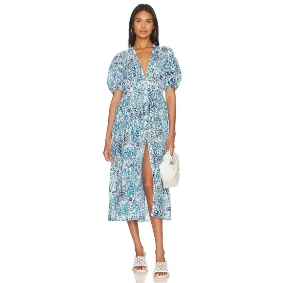 Poupette St. Barth Floral Print Cotton Reine Midi Dress Blue Aquarelle Size S - Picture 1 of 11